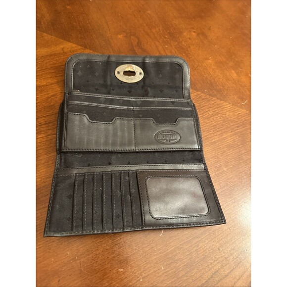 Fossil Authentic Black Genuine Leather Bifold Wallet Classic Natural W Turn Lock - Picture 6 of 8